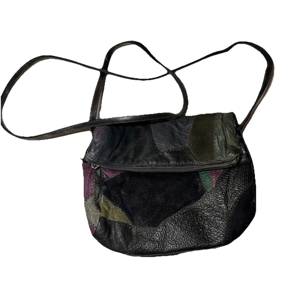 Vintage 80s 90s Leather Black Multi Color Patchwork Small Crossbody Bag Purse